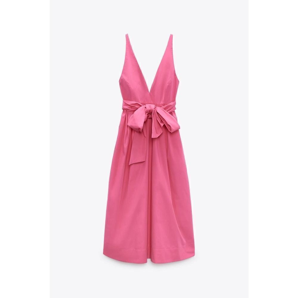 Zara Bow Pink Midi Dress Deep Plunge Poplin New Barbiecore Barbie - Picture 5 of 16